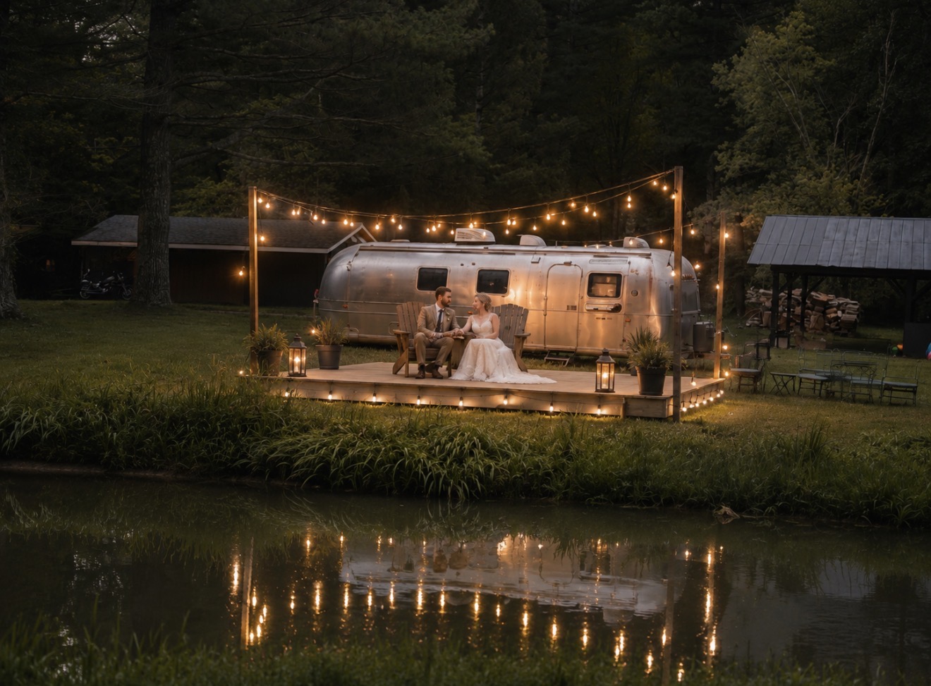 Newlyweds seated beside the Airstream and pond under string lights