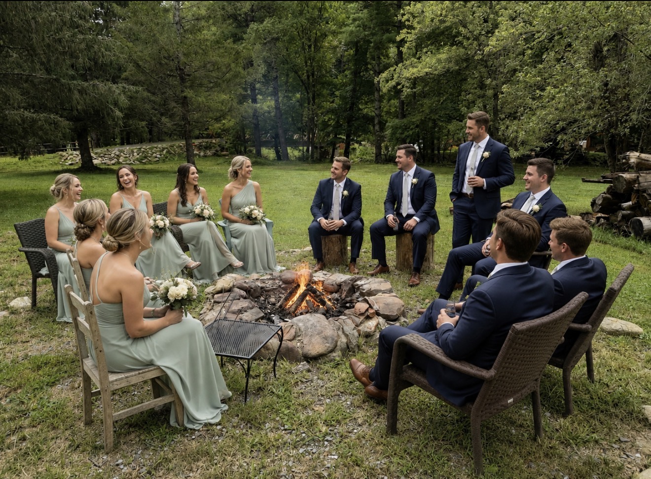 Wedding party gathered around the fire pit on the lawn
